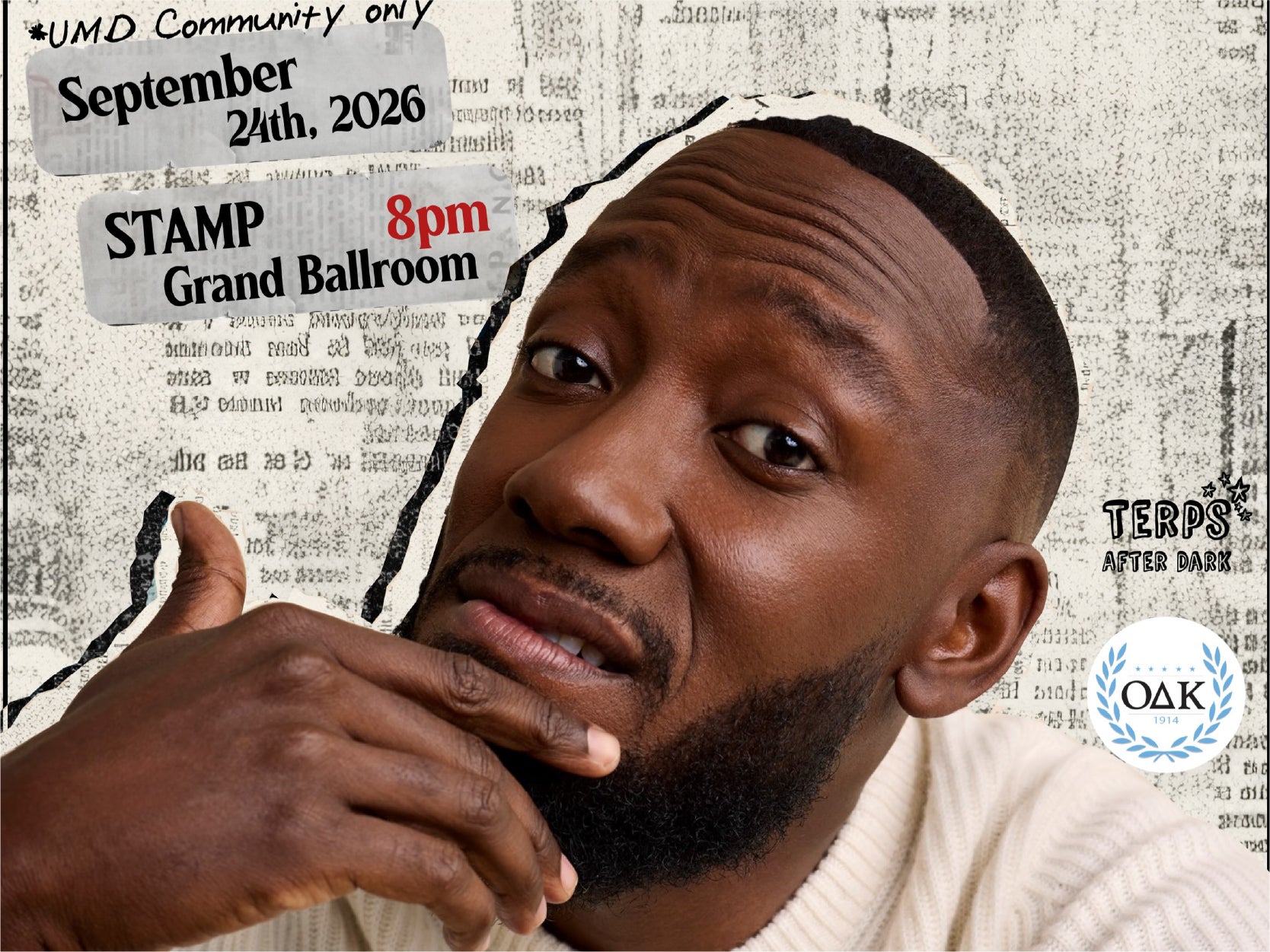 A promotional image of Lamorne Morris with the event details "September 24, STAMP Grand Ballroom, 8pm".