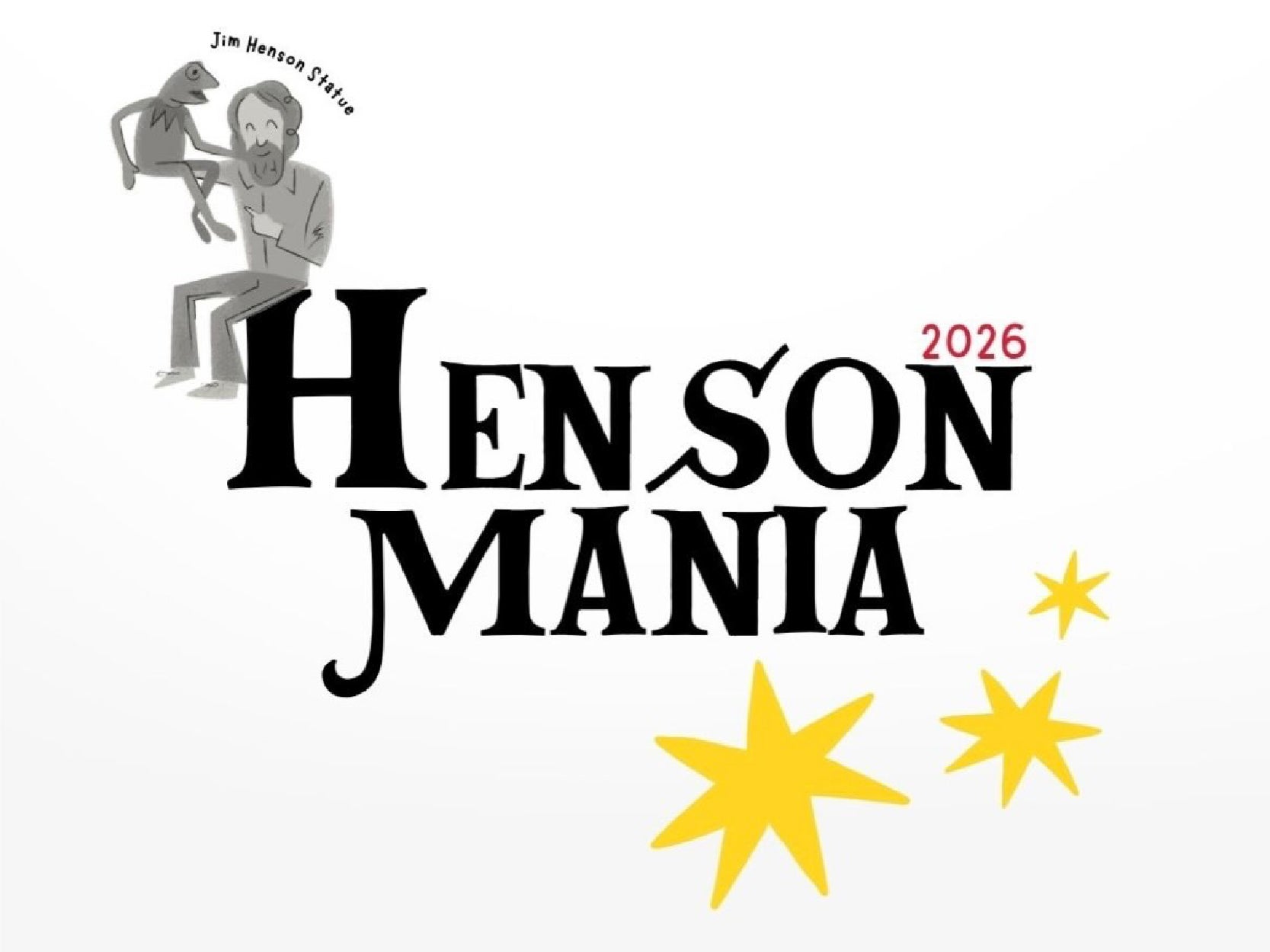 A promotional image with the text "Henson Mania" with an image of the Jim Henson statute on top of the "H".