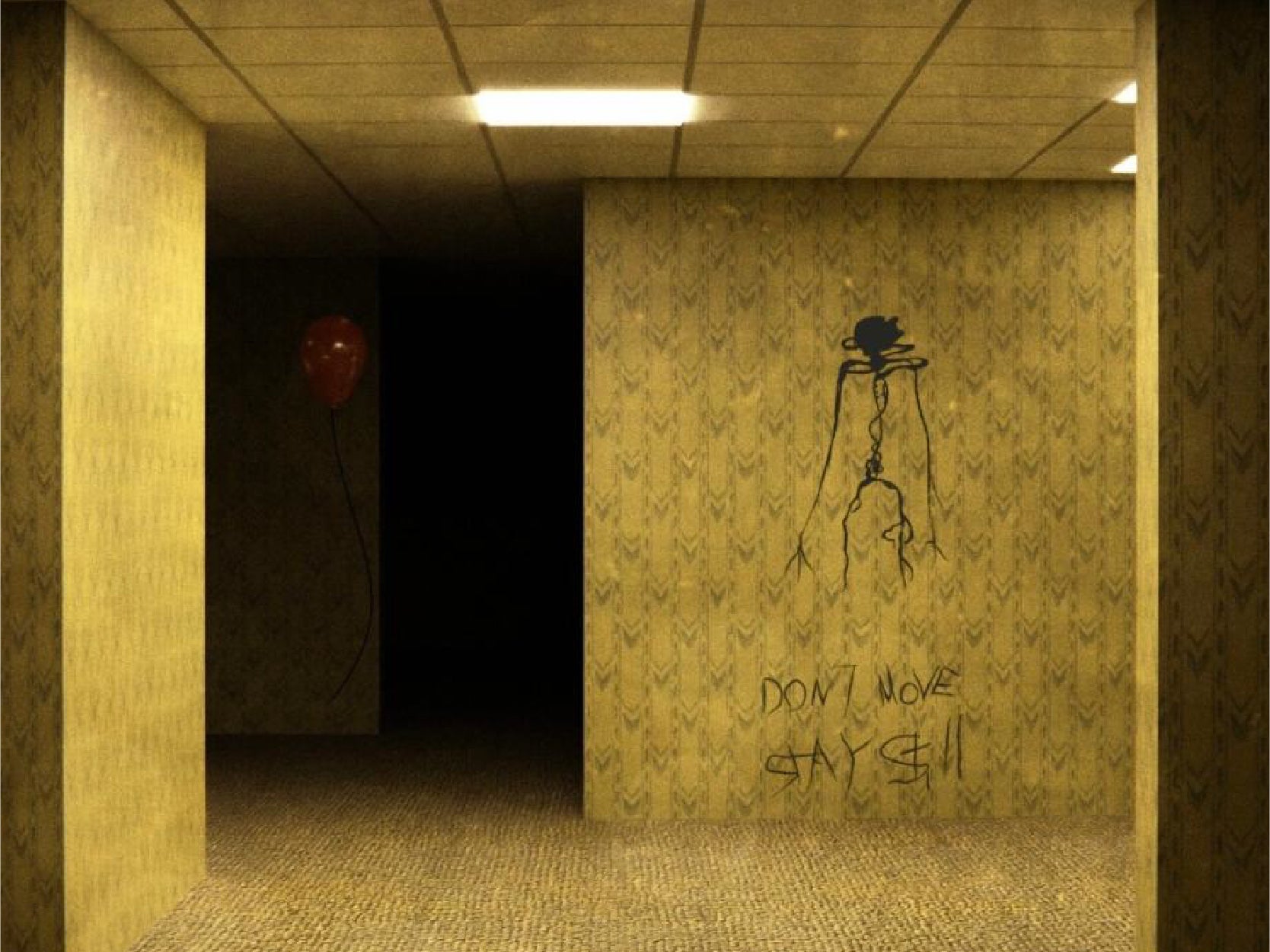 A promotional image for the movie "Backrooms" It is an image of dark room with a single balloon floating and an outline of a skeleton on the wall.