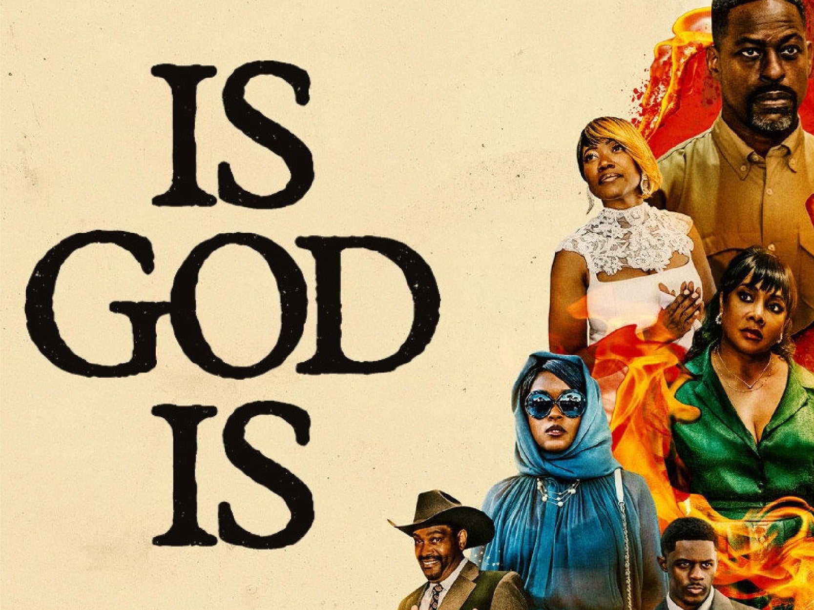 A promotional image for the movie "Is God Is". It features the movie title written in large text on the left and an image of a few characters on the right.